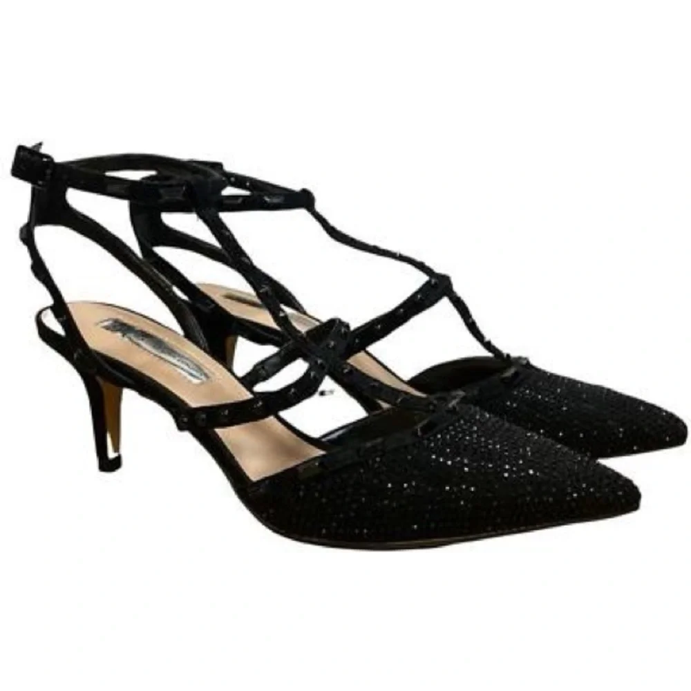 INC pointed toe black studded kitten heel pumps with ankle straps - Picture 7 of 7
